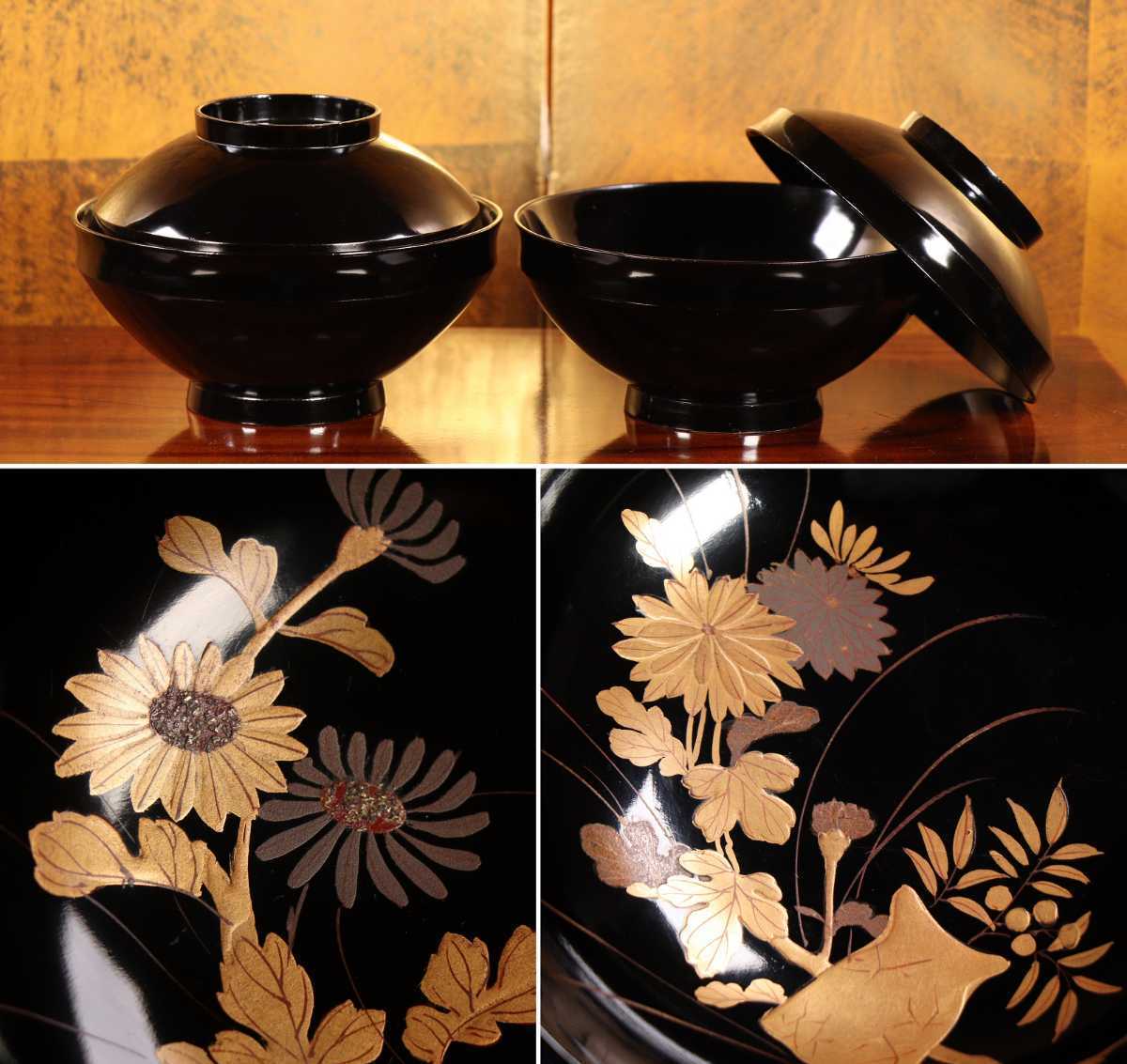 CBK70 時代木製漆器輪島塗 黒塗草花文様本金蒔絵椀 二客 銀蒔絵 黒漆高盛細密 煮物吸物汁椀 伝統工芸品 漆芸 懐石道具 茶道具 正月宴席