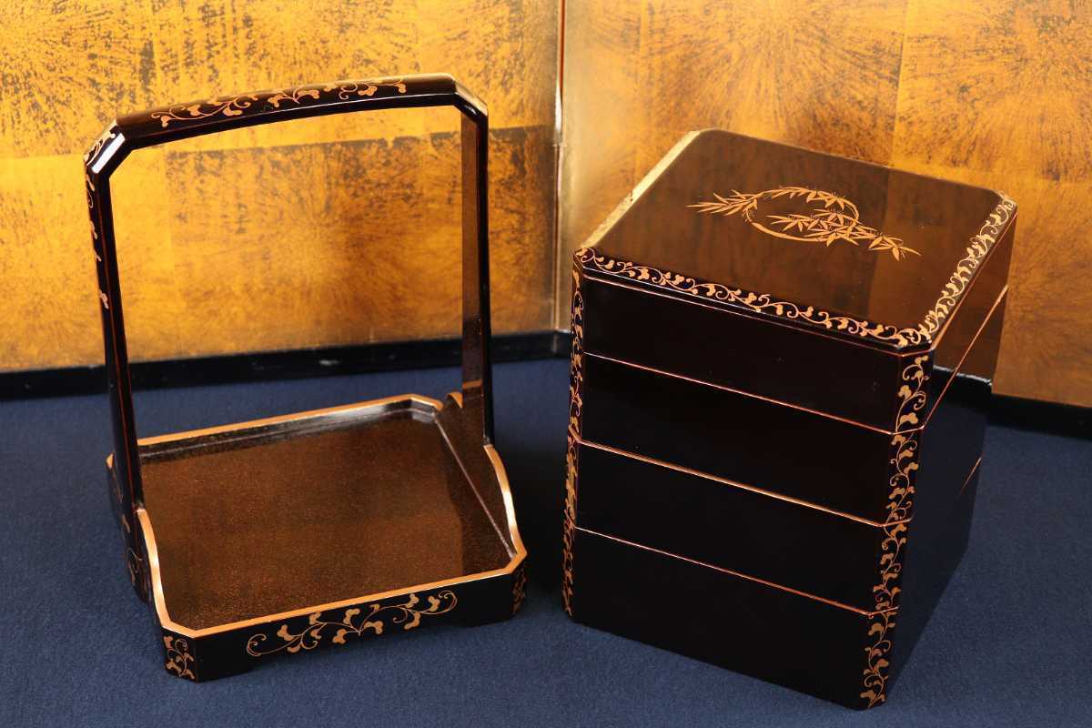 となってお CCK10 時代輪島塗黒塗丸竹箔蔦金蒔絵手付段重 本金梨地茶