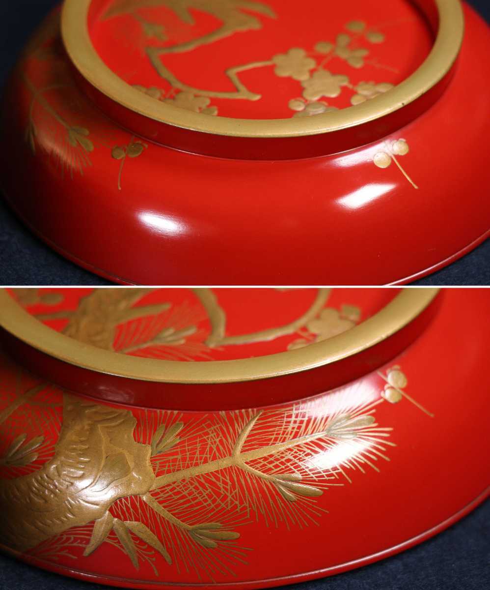 CBK36 時代木製漆器輪島塗 朱塗松竹梅金蒔絵椀三客 朱漆 高盛細密 煮物