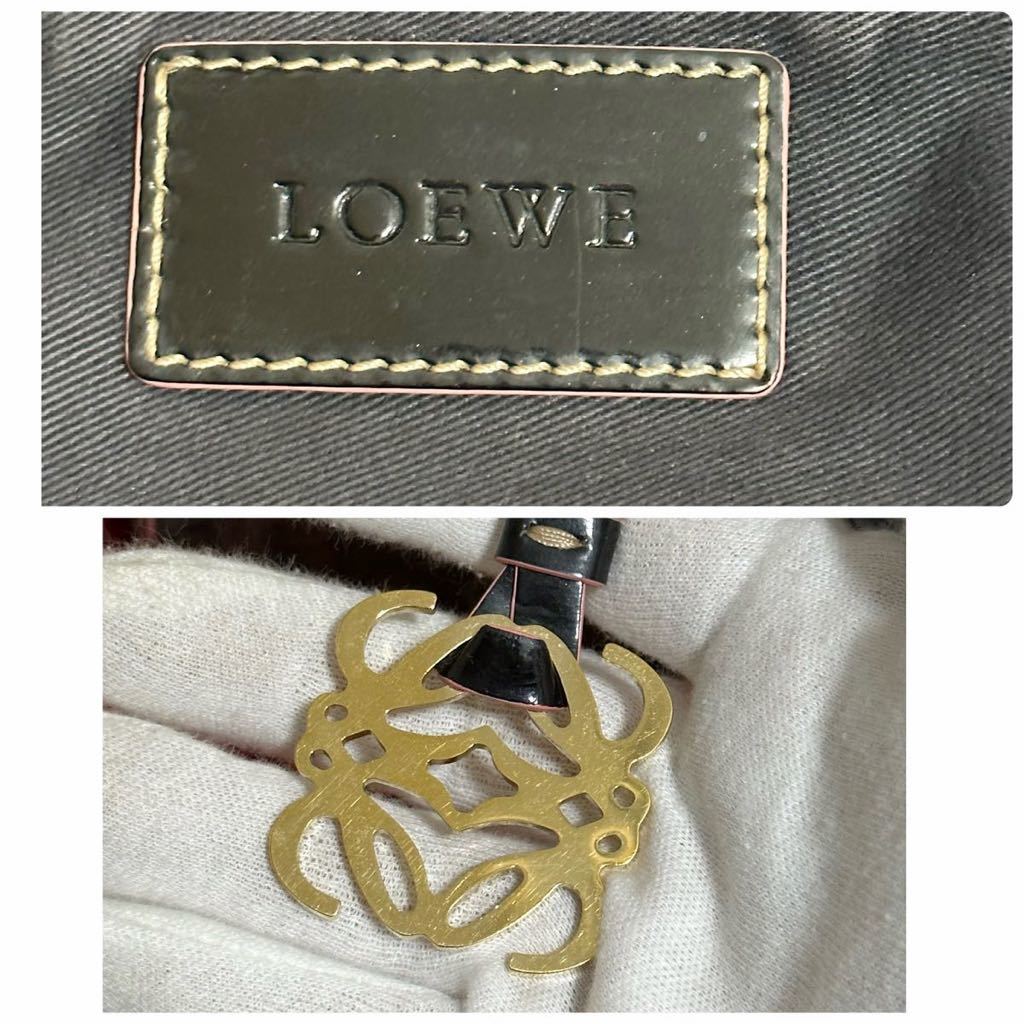 人気★ LOEWE ロエベ トートバッグ アナグラム 総柄 PVC ×エナメル A4可 チャーム付き ブラック ピンク