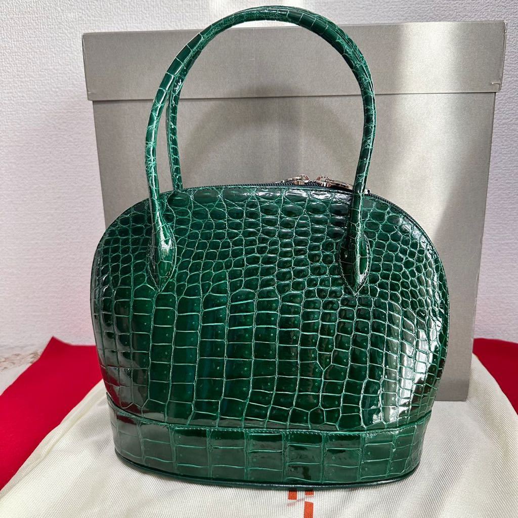 極上★ JRA 認定 クロコダイル ハンドバッグ シャイニング グレージング グリーン 緑 艶あり genuine crocodile made in japan クロコの画像2