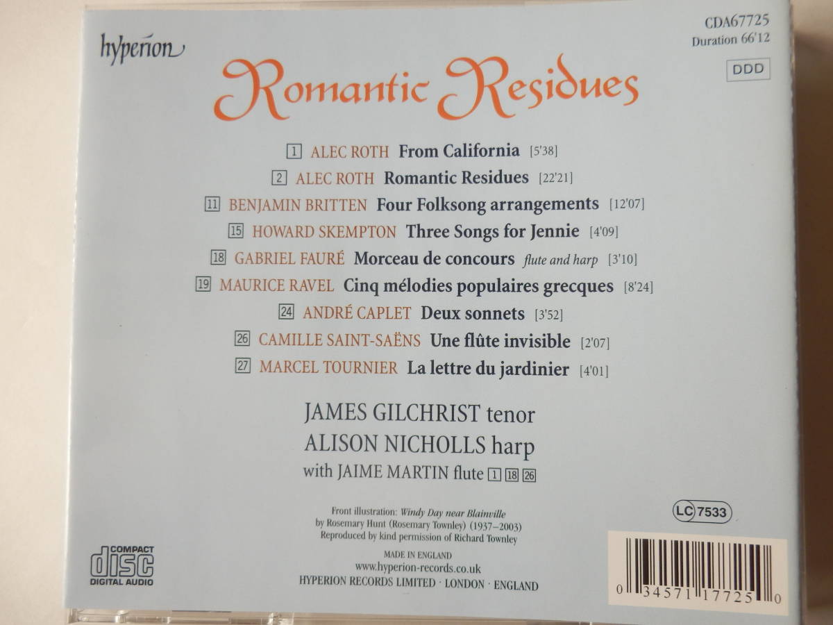 CD/テノール-ハープ-歌曲集- ロマンティック.レジデュース-ジェイムス.ギルクリスト/Romantic Residues- James Gilchrist- Alison Nicholls_画像2