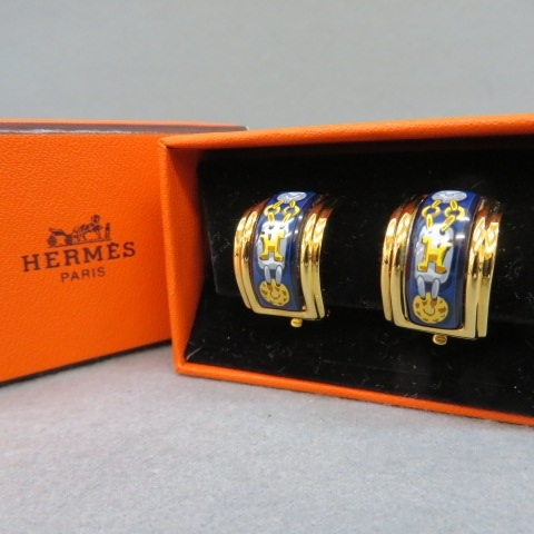 経典ブランド H931☆HERMES エマイユ ゴールド ネイビー☆A イヤリング