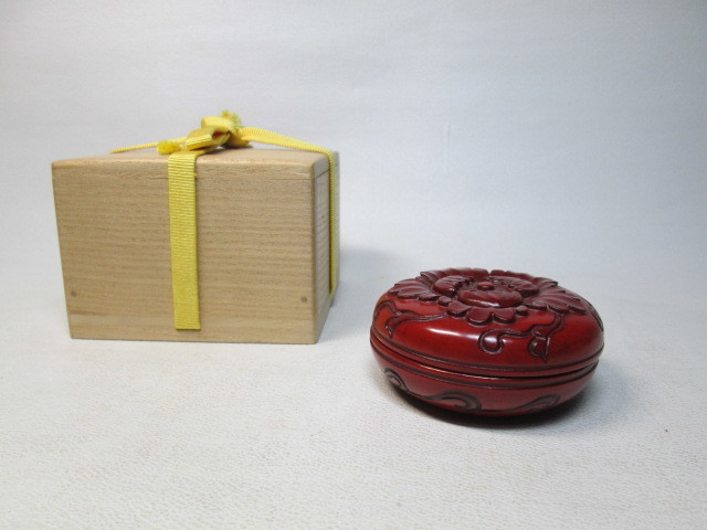 ■鎌倉彫「牡丹香合」■検）お茶道具香道具木製漆器
