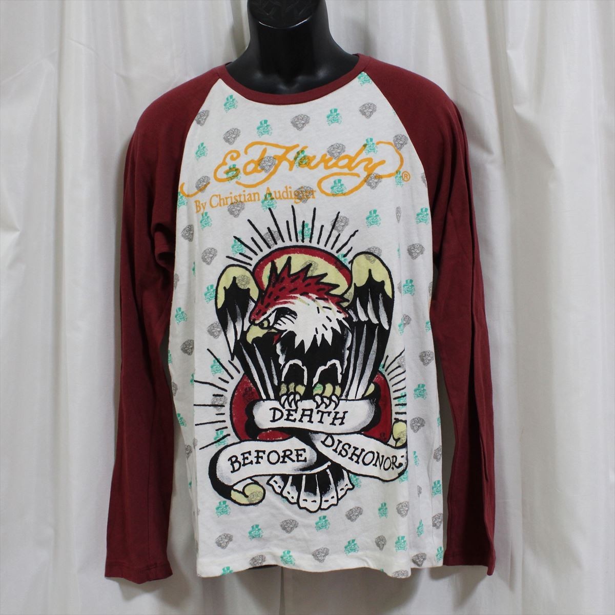 エドハーディー ed hardy メンズ長袖Tシャツ Mサイズ M03TTMR017 新品 ワインレッド/ホワイト_画像1