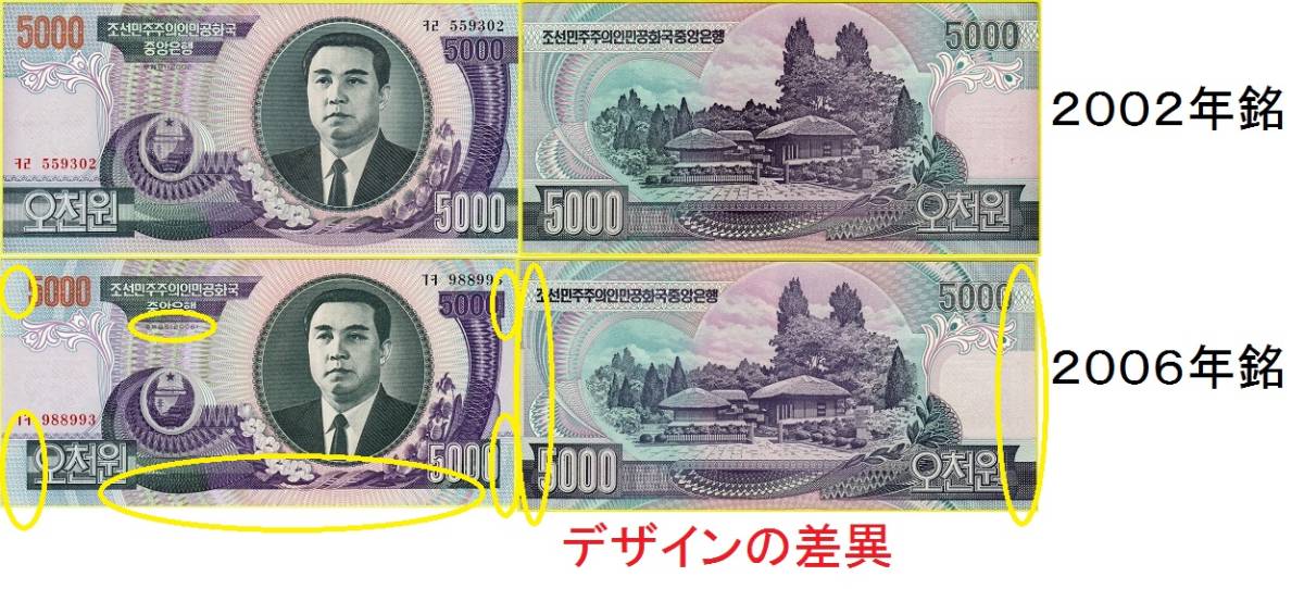 送料６３円★５０００ｗ（２００２）廃紙幣★２００６年銘とは異なる★デノミ前★金日成★北朝鮮★未使用★匿名配送も可_画像4