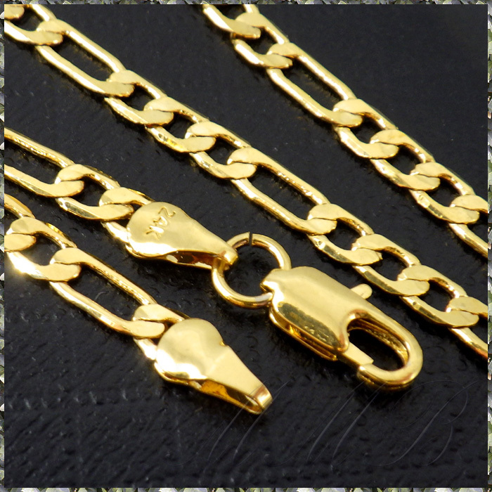 [NECKLACE] 24K GOLD PLATED FIGARO CHAIN STANDARD LONG 6面カット フィガロチェーン ゴールド ネックレス 3.8x550mm (7g) 【送料無料】_画像2