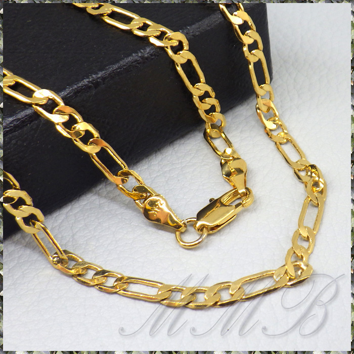 [NECKLACE] 24K GOLD PLATED FIGARO CHAIN STANDARD LONG 6面カット フィガロチェーン ゴールド ネックレス 3.8x550mm (7g) 【送料無料】_画像1