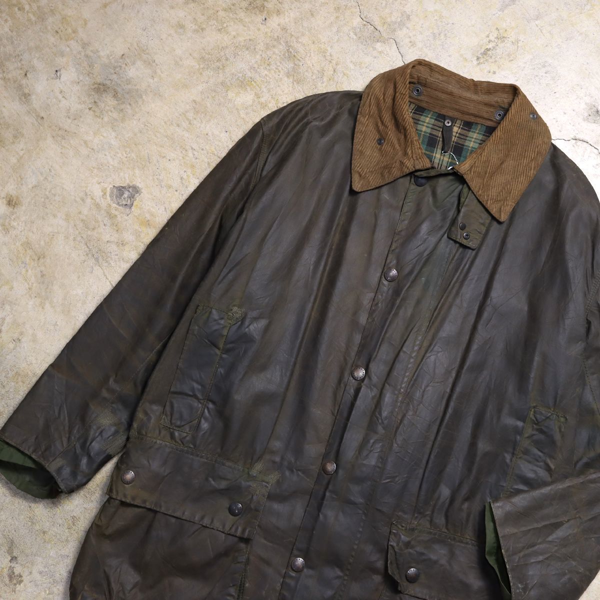 80s UK製 バブアー ボーダー オイルジャケット カーキ 112cm 44in YKK 棒ジップ / Barbour BORDER 2ワラント ヴィンテージ イングランド製_画像1