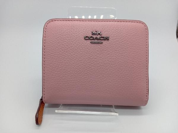 人気が高い 美品 COACH コンパクト ピンク×オレンジ 719 H2146 二つ折りラウンドジップ財布 女性用財布