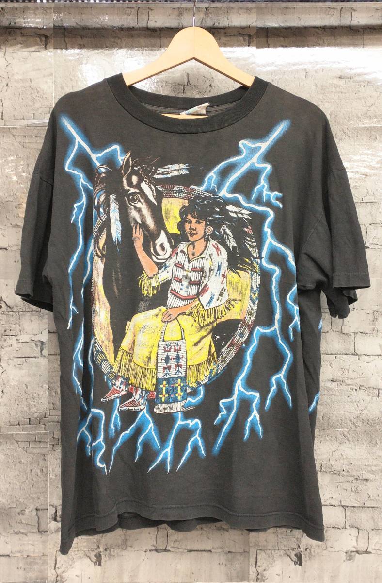 90s AMERICAN THUNDER アメリカンサンダー 半袖Tシャツ ブラック コットン サイズL ネイティブ インディアン 女性 馬 古着 ヴィンテージ