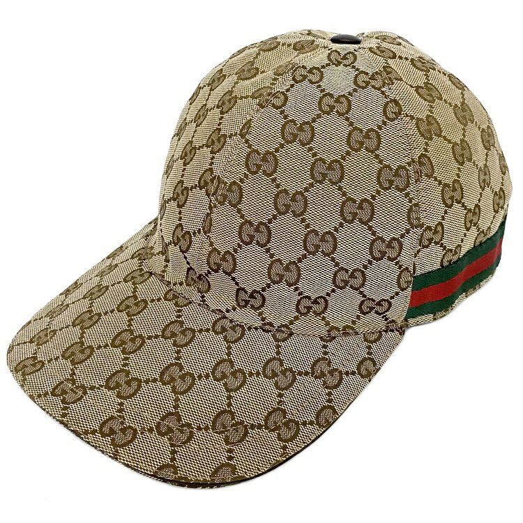 グッチ キャップ ベージュ ブラウン シェリー 200035 美品 Mサイズ 帽子 キャンバス 中古 GUCCI