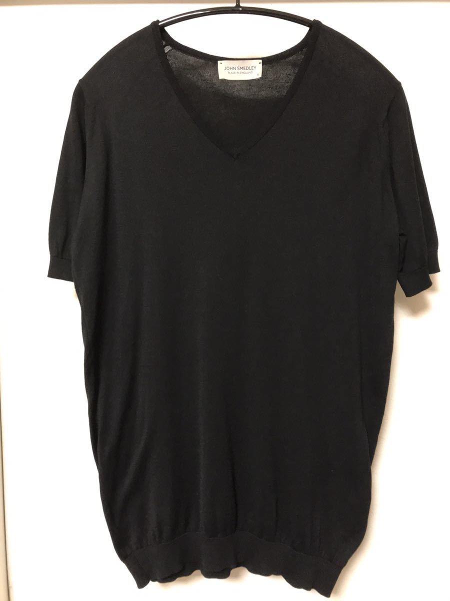 ◆【美品】JOHN SMEDLEY ジョンスメドレー / シーアイランドコットン 30ゲージVネックニットT シャツBRAEDON BLACK Ssizeの画像1