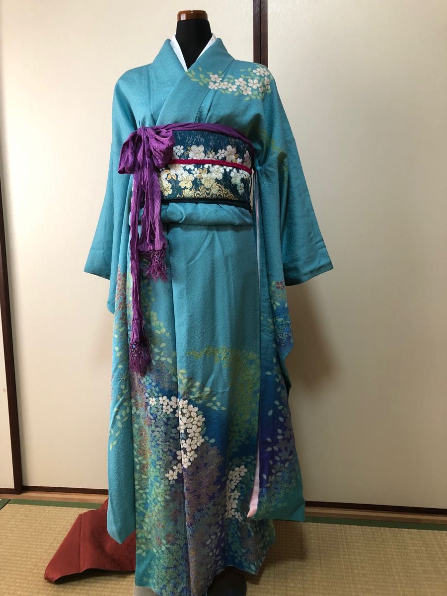 正絹 本振袖 長襦袢 両面柄袋帯 リアルファーショール 4点セット 美品