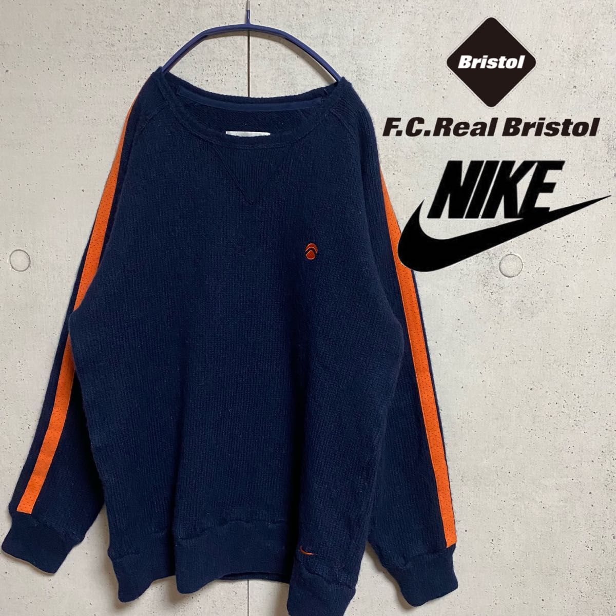 NIKE×FCRB/Bristol ニットセーター　ネイビー　オレンジ　M 古着　ユニセックス　刺繍ロゴ