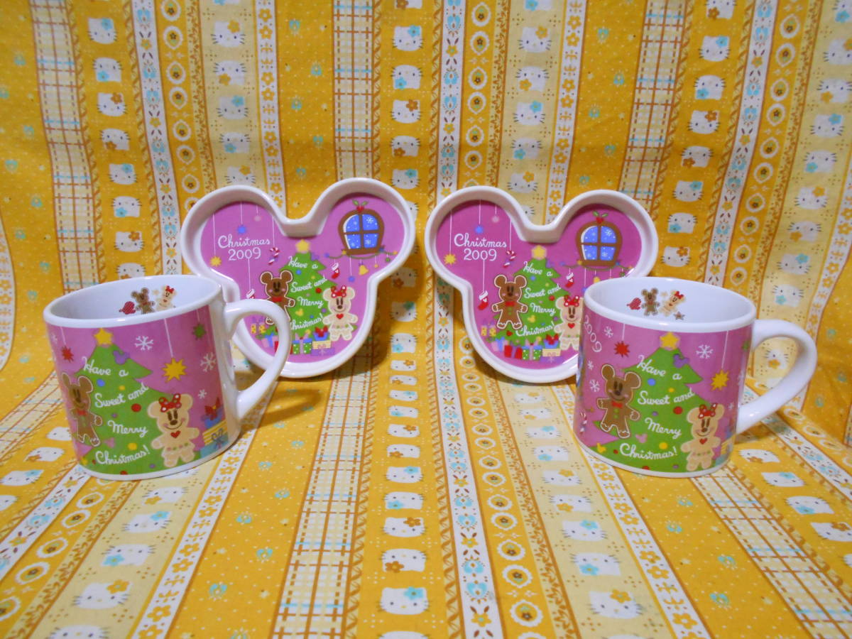 ♪ディズニー美品東京ディズニーリゾートクリスマス2009陶器製ミッキーマウス型プレート皿＆カップペアセットミッキーマウス＆ミニーマウス_画像1