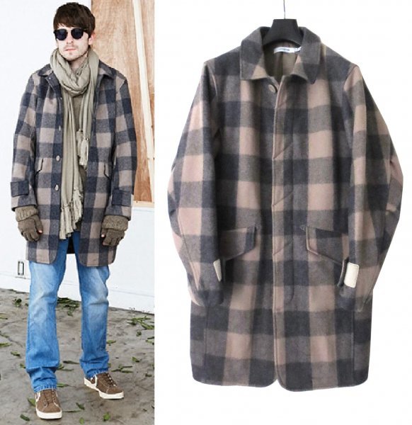 定価8.1万 nonnative TOURIST COAT W/N MELTON BUFFALO CHECK hobo vendor DWELLER 1 チェック柄 ウール メルトン コート ノンネイティブ_画像1