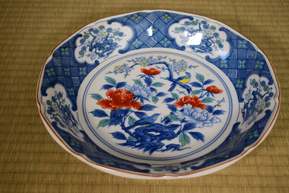 古伊万里焼 色絵三つ鉢 明治中期 手描き花鳥文 二重高台 コレクター
