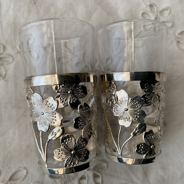  серебряный цветок ... рюмка 2 шт. комплект пара посуда для сакэ рюмка для сакэ Showa времена серебряный печать гравировка . цветок map Sakura Sakura 