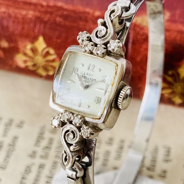 【高級時計ハミルトン】Hamilton 14K 8ダイヤ 手巻き 腕時計 レディース ビンテージ ブレスレット カクテル ウォッチ クリスタル