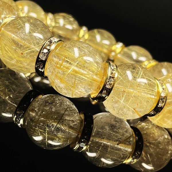 最強金針水晶 ゴールド タイチンルチル ブレスレット 16ミリ 数珠 金運