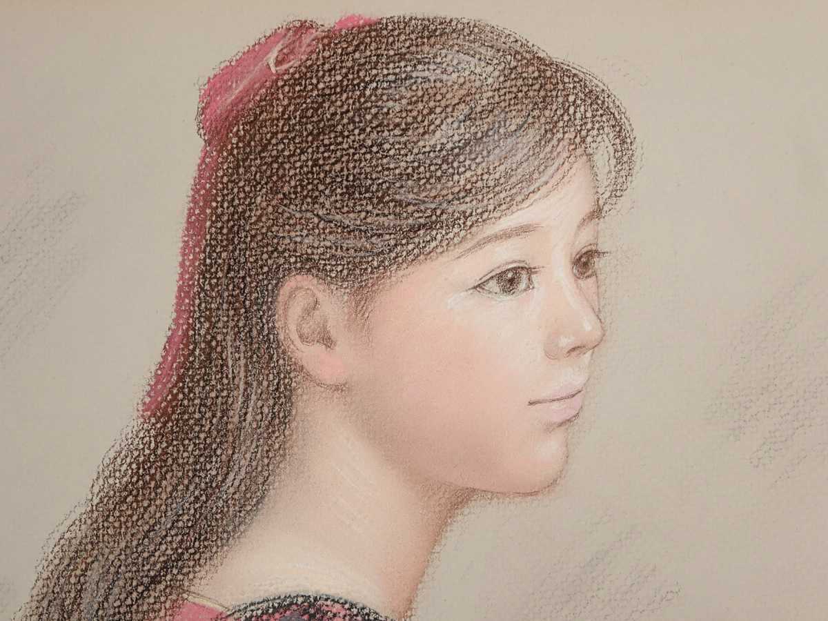 真作 徳田宏行 パステル「赤い服の女性」画寸 37.5cm×55cm 千葉 真作 徳田宏行 パステル「赤い服の女性」画寸 37.5cm×55cm 千葉