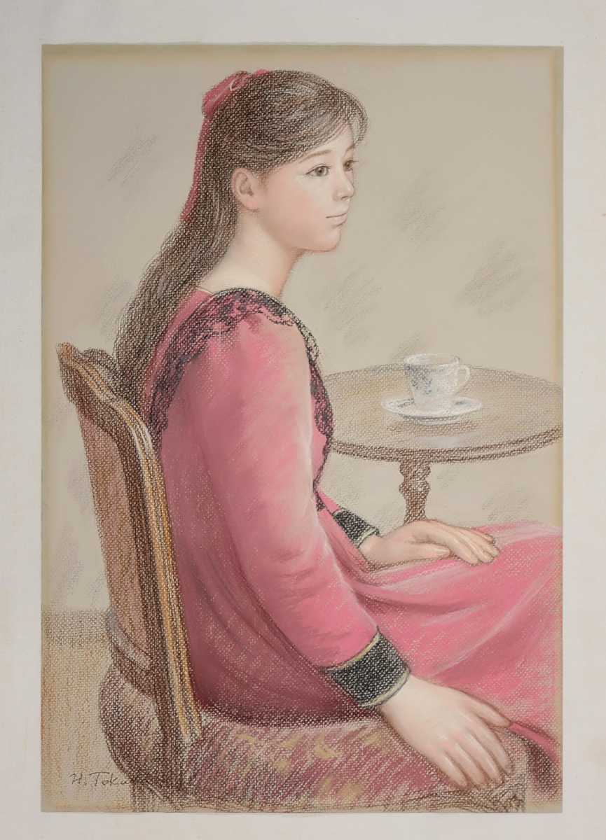 真作 徳田宏行 パステル「赤い服の女性」画寸 37.5cm×55cm 千葉 真作 徳田宏行 パステル「赤い服の女性」画寸 37.5cm×55cm 千葉