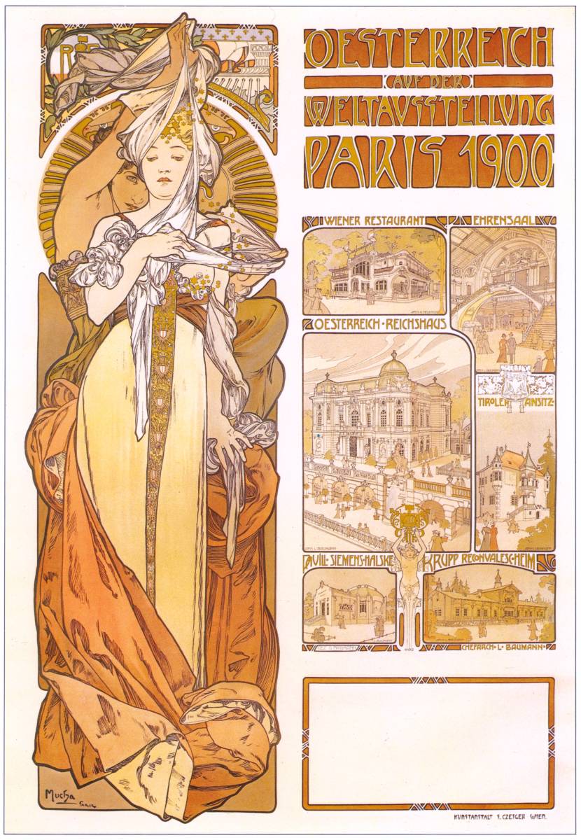 ミュシャ　『パリ』 リトグラフ 1900年 40x57cm 複製 高品質◆ ポスター グラッセ クリムト アールヌーヴォー 版画_画像1