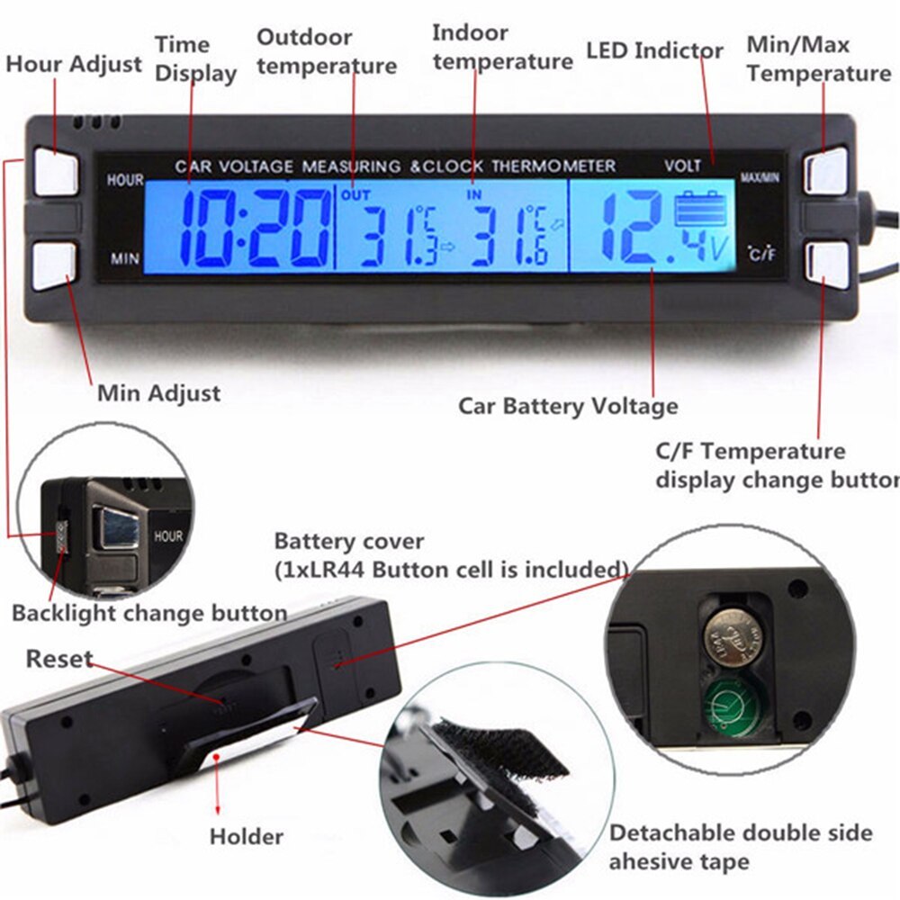 車 汎用 デジタル LCD ディスプレイ 時計 屋内 屋外 温度計 電圧計 バッテリー モニター ツール パーツ アクセサリー_画像2