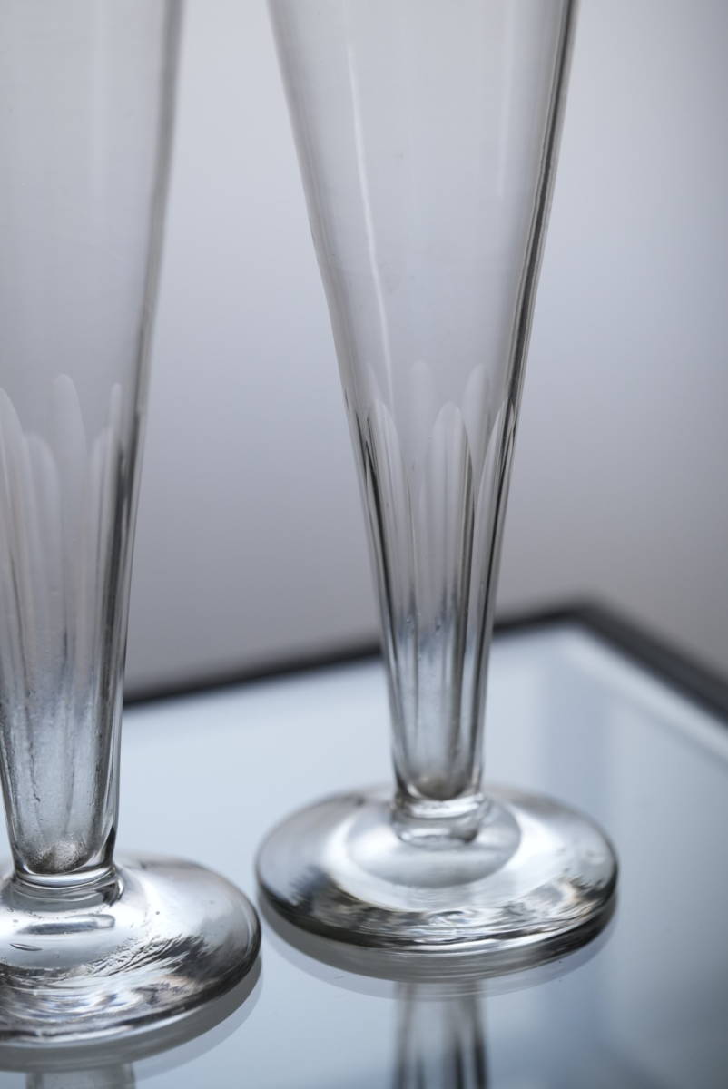 古い手吹きのガラスのシャンパーニュフルートグラス 2客セット / 19世紀・フランス / 硝子 ワイングラス アンティーク 古道の画像3