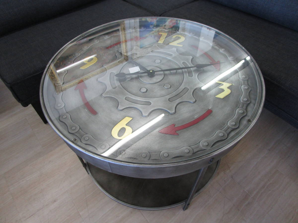 オールスチールクロックテーブル　大きな時計のテーブル　スチール製テーブル　チェーン＆ギアデザイン　時計付きテーブル