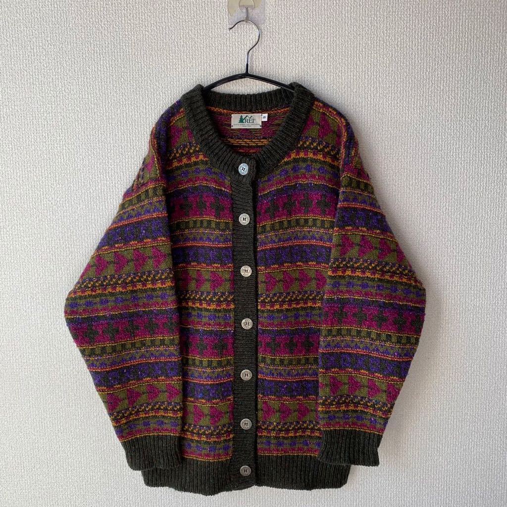 90s USA made REI wool knitted cardigan S total pattern America made a- Louis - I old clothes outdoor 
