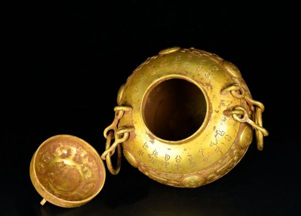 古青銅鏨刻彫 塗金鏈子圓罍 戦國時期 古置物擺件 青銅器 中国古賞物 