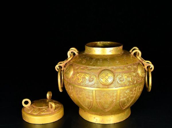 古青銅鏨刻彫 塗金鏈子圓罍 戦國時期 古置物擺件 青銅器 中国古賞物 
