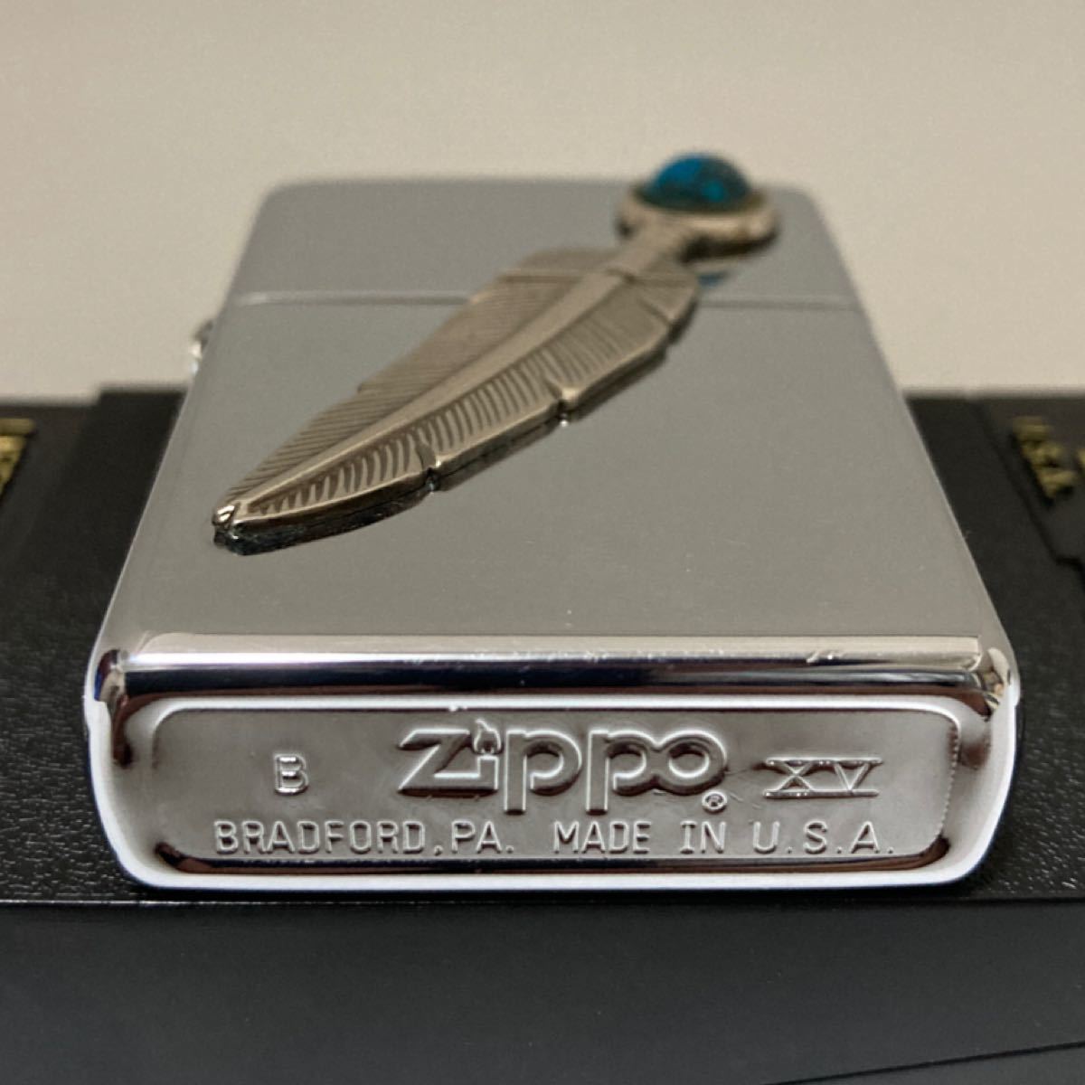 ZIPPOライター　ターコイズ&フェザーメタル　インディアン　鏡面　中古品　箱無し　1999年製