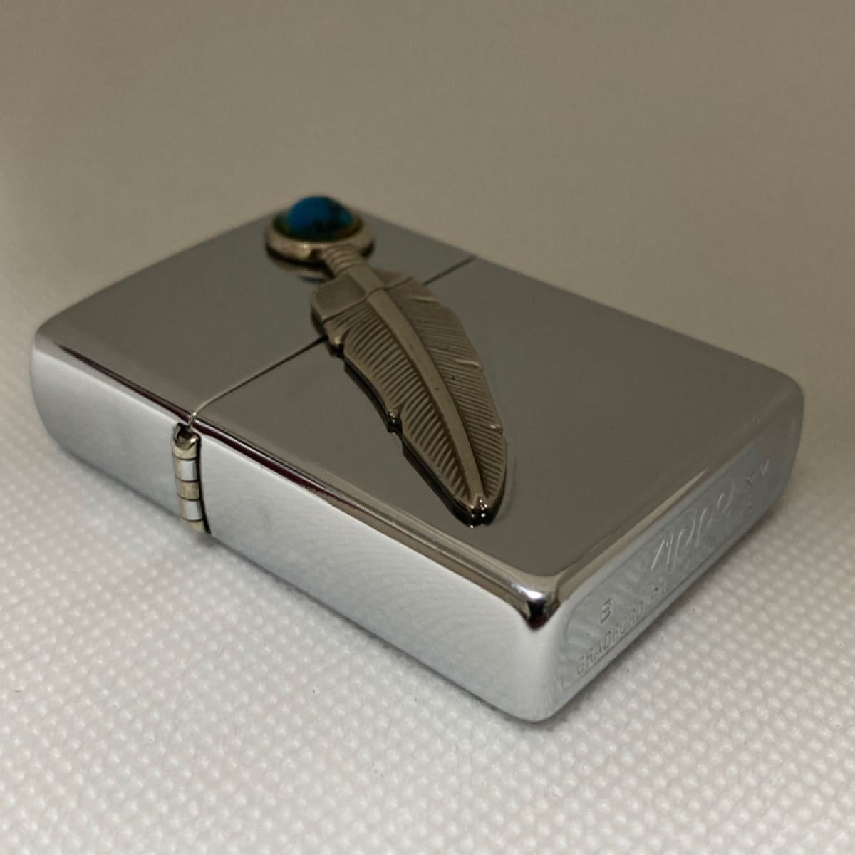ZIPPOライター ターコイズ&フェザーメタル インディアン 鏡面 中古品 箱無し 1999年製