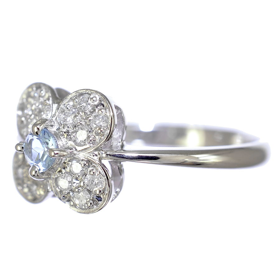 1 point limitation ring Pt900 platinum aquamarine diamond 0.14ct 10 number flower flower lady's jewelry 