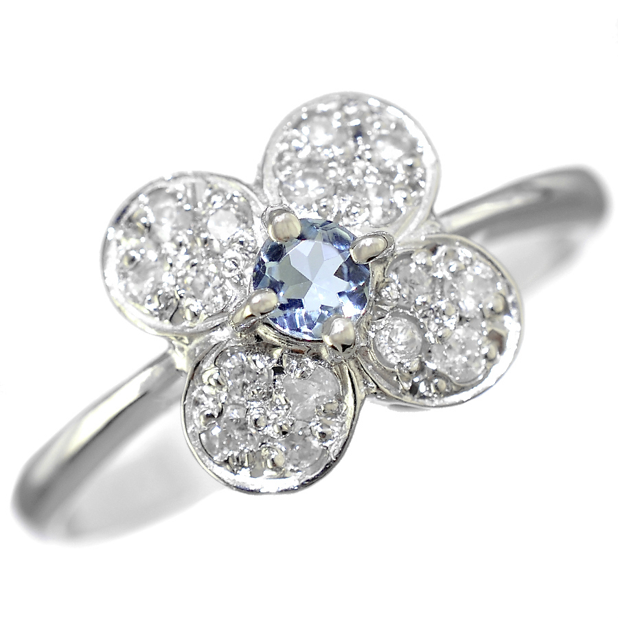 1 point limitation ring Pt900 platinum aquamarine diamond 0.14ct 10 number flower flower lady's jewelry 