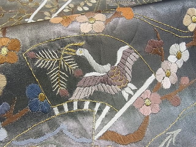 現金特価】A776-20 多色 袋帯 スワトウ 花鳥の図 相良刺繍 汕頭刺繍 錆