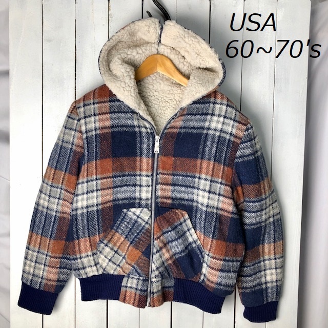 USA古着 60s~70s フード付 チェックボアジャケット ブルゾン S~M