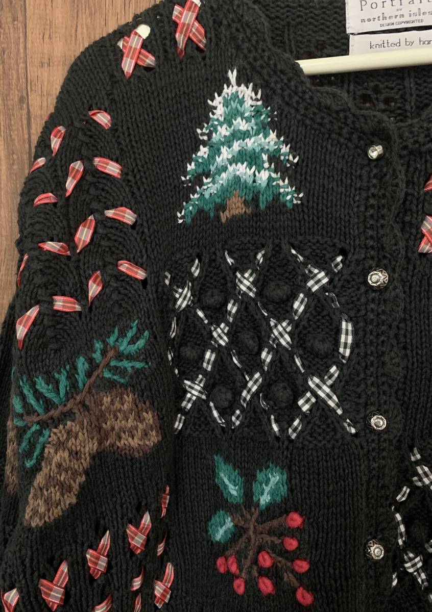 クリスマス ニット カーデ 刺繍 装飾 黒 ツリー リボン カントリー レトロ カラフル 個性的 かわいい ヴィンテージ 古着/club723(N369)_画像6