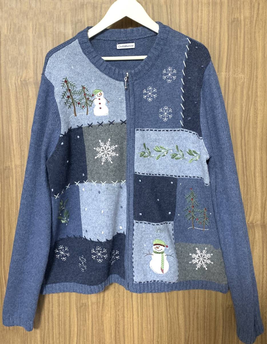 クリスマス アグリー セーター ニット カーデ 水色 ブルー 雪だるま スノーマン 刺繍 カントリー かわいい vintage used 古着/club723(N353