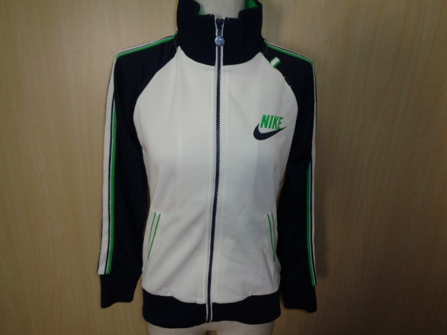 608*NIKE спортивная куртка * Nike S женский белый × темно-синий Zip выше джерси tops воротник рукав кромка ребра 4K