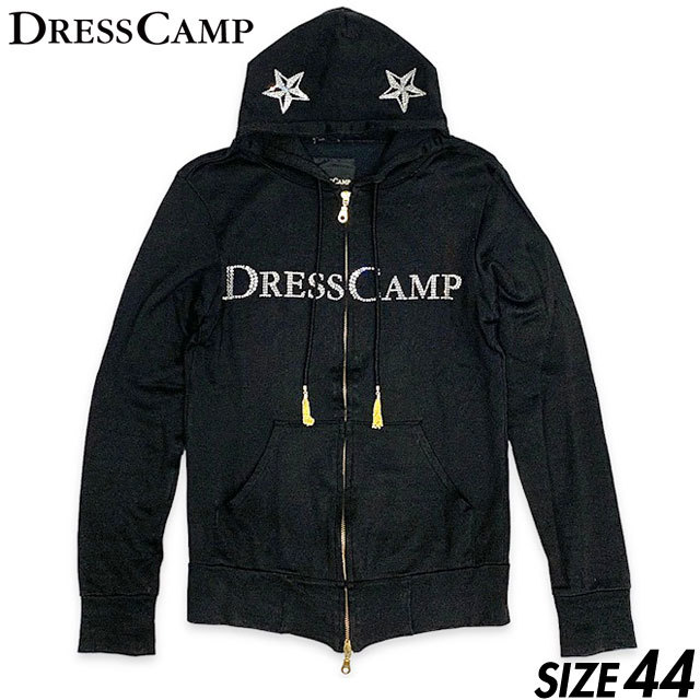 希少■DRESS CAMP (ドレスキャンプ) スワロフスキー ラインストーン 星 ロゴ 装飾 長袖 ジャージ ジップアップ パーカー 黒 ブラック 44