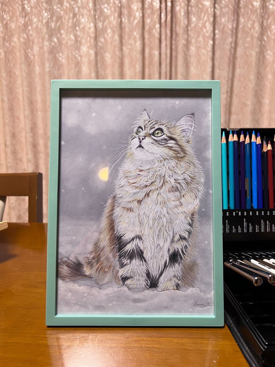 ●オーダー参考　Ver.色鉛筆画　猫ねこ　ネコ　イラスト　絵画　手描き　「雪空を見上げる猫」