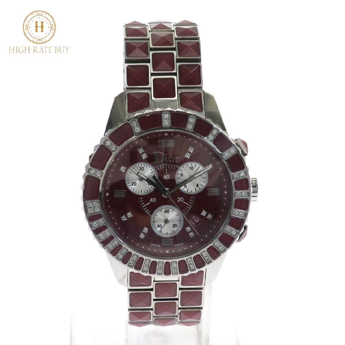 1円スタート 美品 稼働品 Christian Dior ディオール クリスタル クロノグラフ ダイヤベゼル メンズ レディース 腕時計 CD11431G 赤 レッド