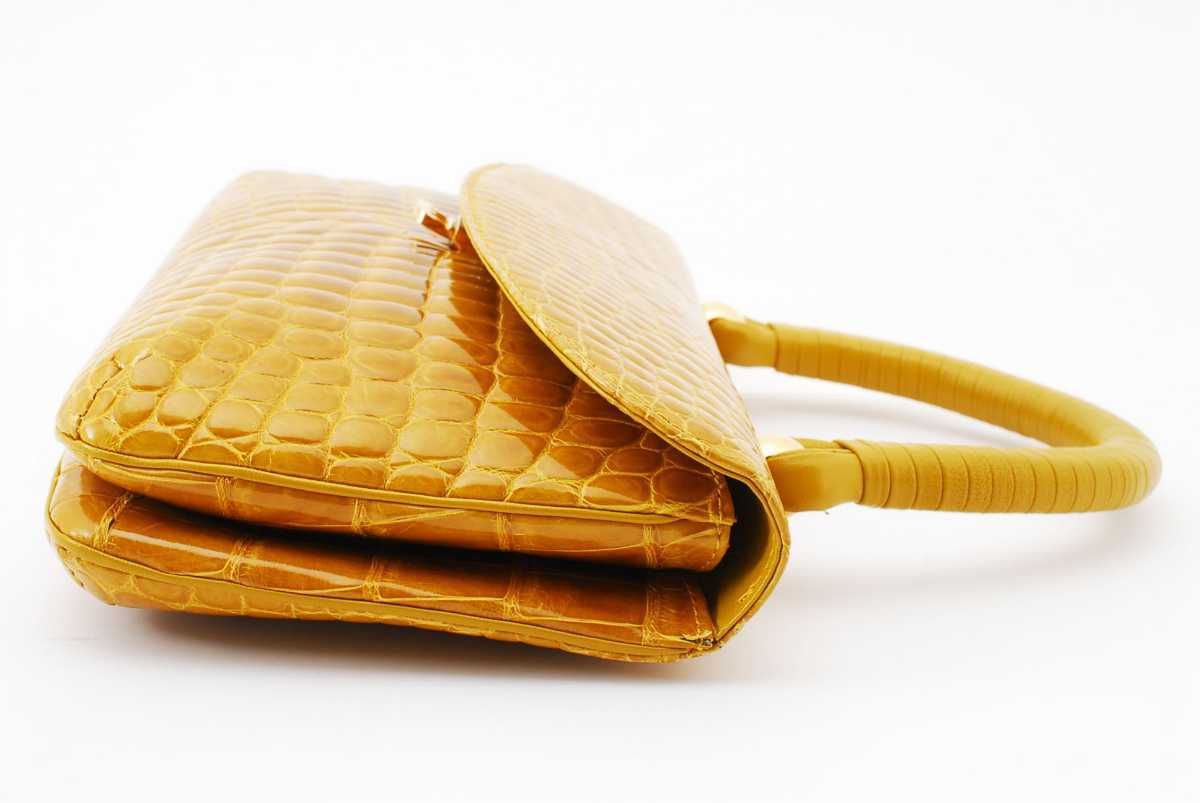 E-12 1円スタート 美品　SANTA MARIA クロコダイル シャイニング加工 ハンドバッグ イエロー　ゴールド金具
