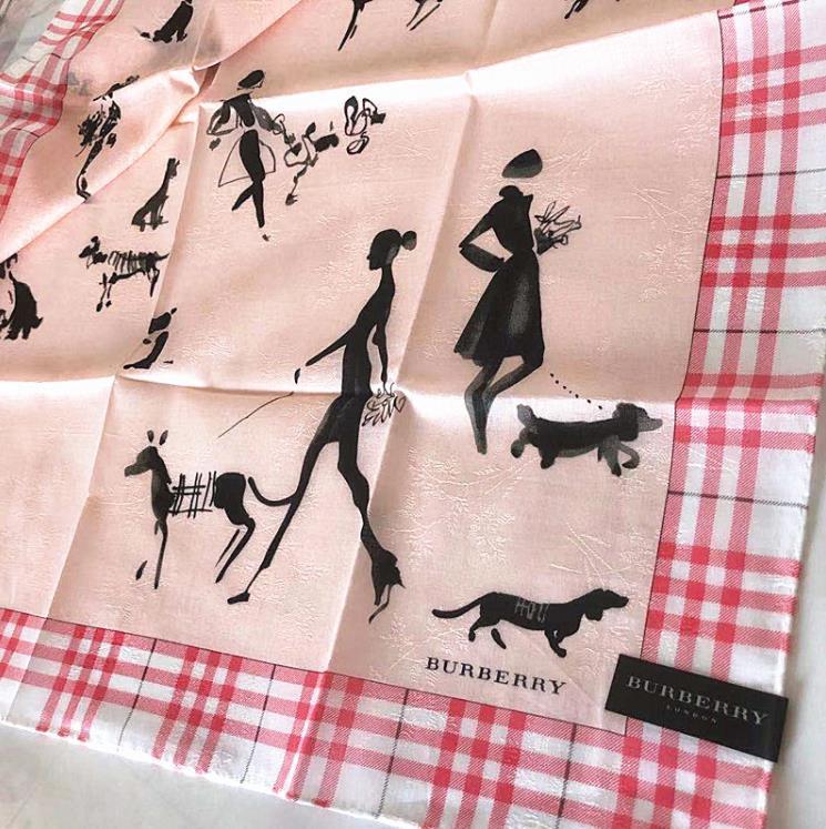 新品 Burberry バーバリー 大人気レア柄◆人物と犬散歩柄＆透かし織り柄ノバチェック縁ミニスカーフハンカチ◆膝掛け