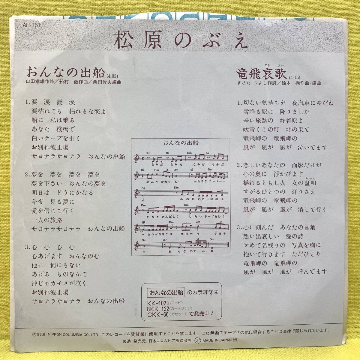 ■松原のぶえ■おんなの出船(再録音)/竜飛哀歌■'83■即決■EPレコード_画像2