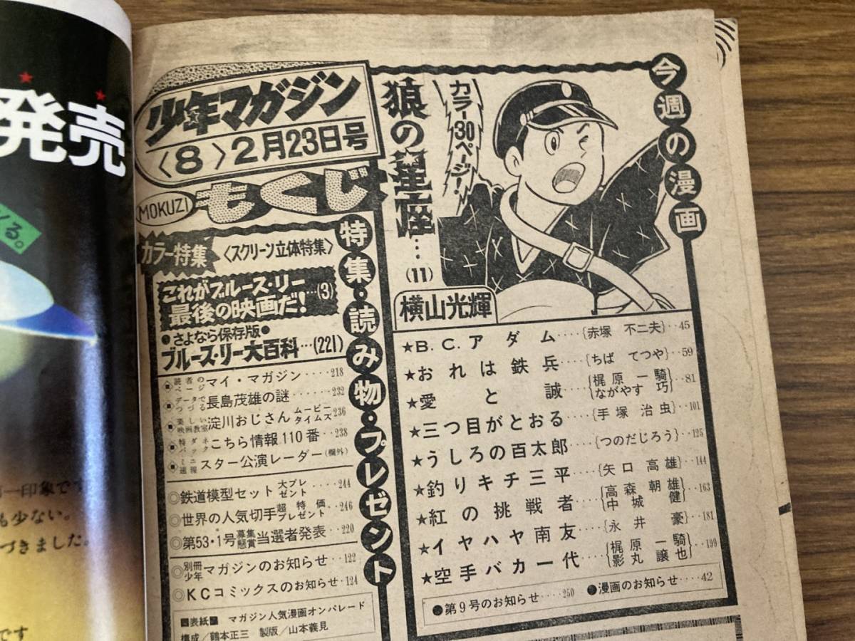 週刊 少年マガジン 1975年8号 昭和50年 ブルース・リー 燃えよドラゴン 愛と誠 梶原一騎　矢口高雄 横山光輝 永井豪 ちばてつや/A9_画像4